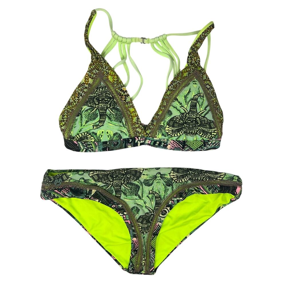 Maaji Forest Folk Print and Lime Green Reversible Bikini Medium